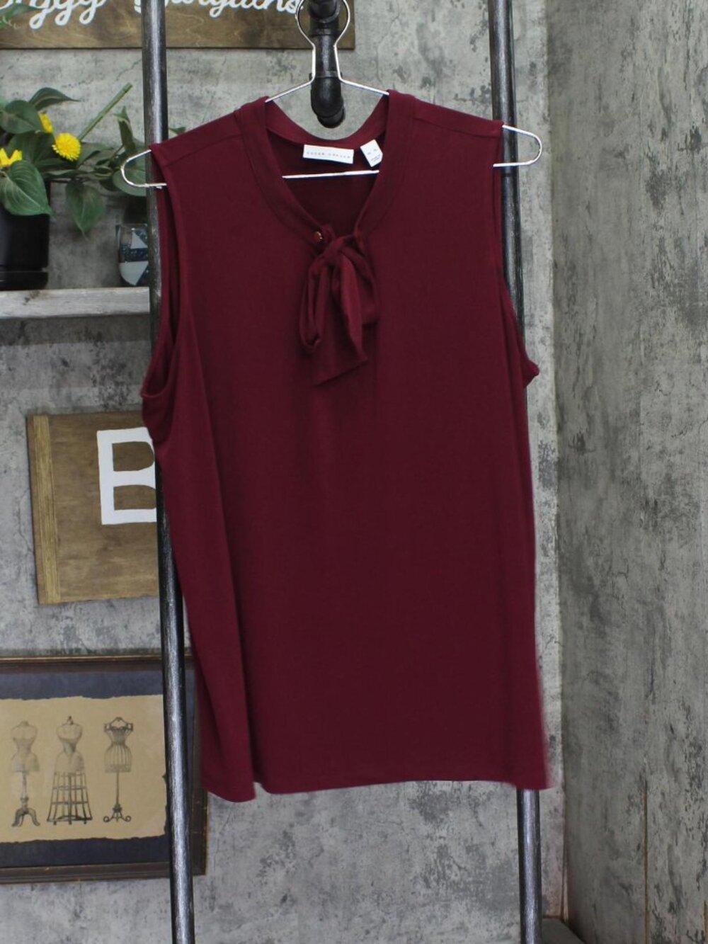 Susan Graver Knit Sleeveless Tie Front Blouse Shirt Top Evening Wine Red XL